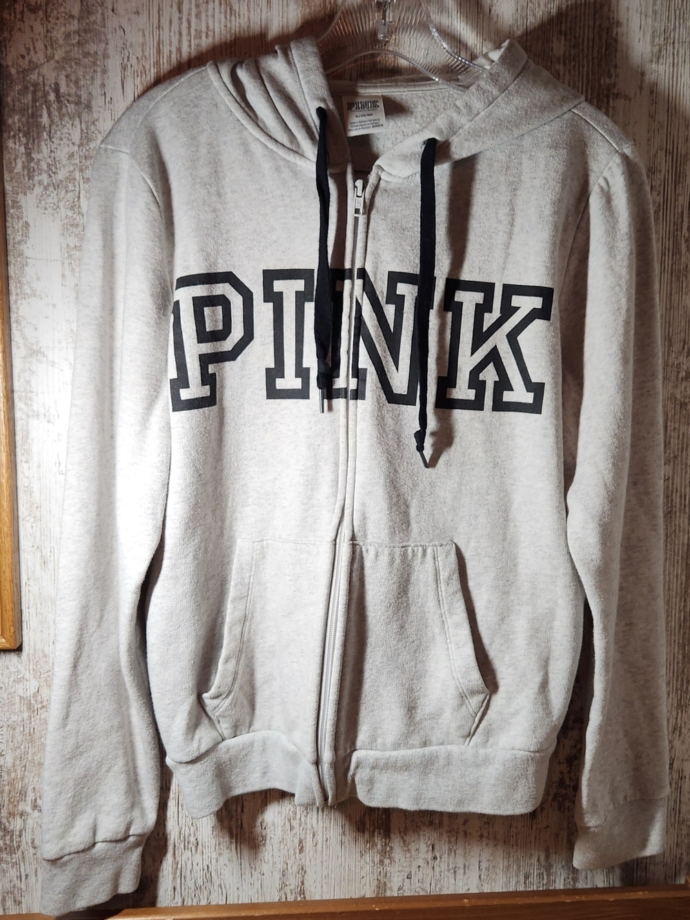PINK Victoria's Secret Light Gray Zip-Up Hoodie with Black Lettering Size M L@@K